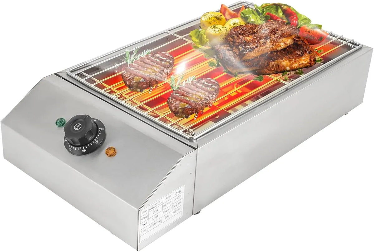 V 2 Barbecue, table, 54 x 28 x 13,5 cm, 50 à 300 °C, 220 V, 2,6 kW, gril, camping, amovible, 2 zones de température, acier inoxydable, pour balcon