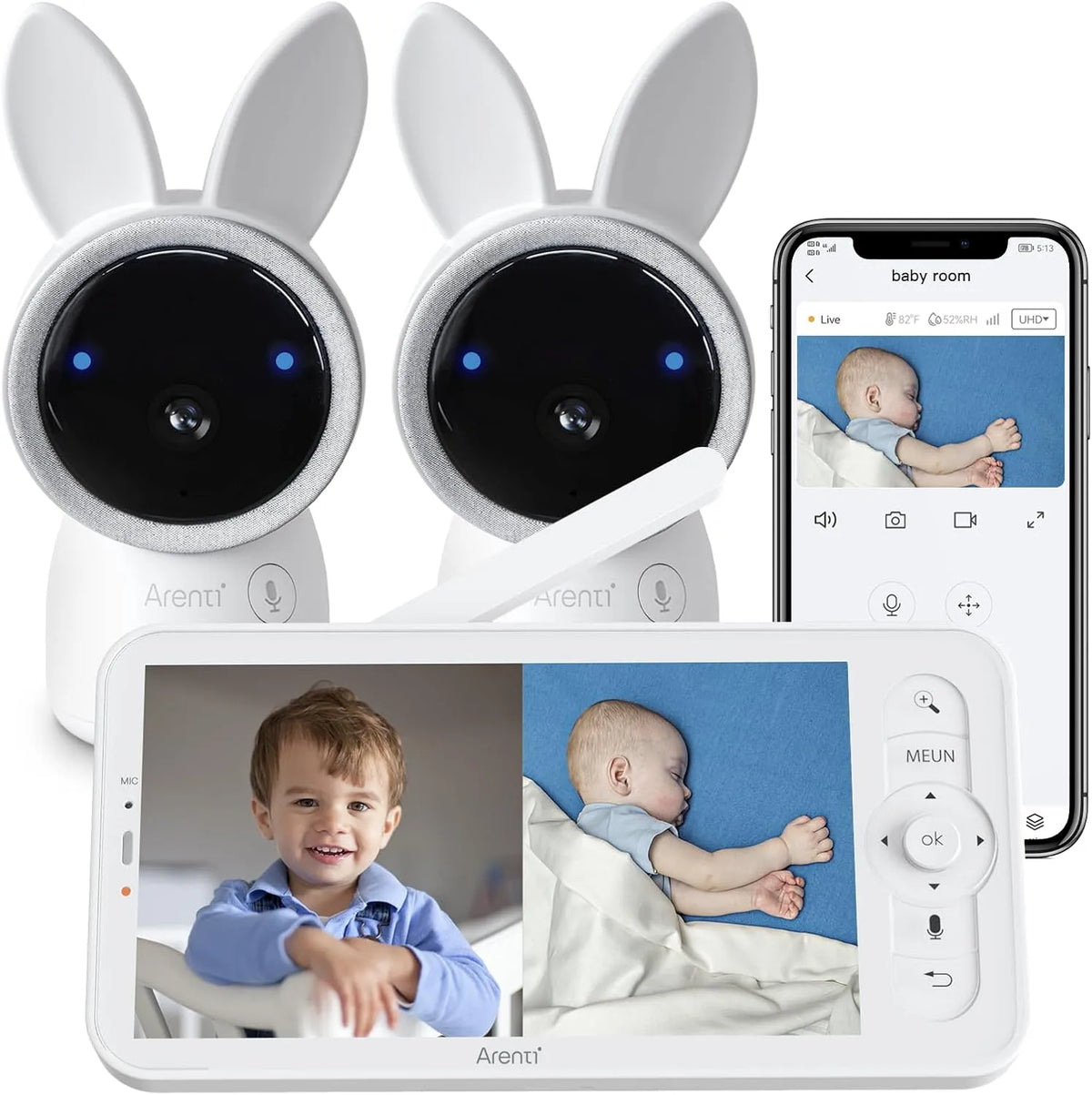 Moniteur, ARENTI PTZ 355 4MP, Wi-Fi, Caméra Surveillance Bébé WiFi avec VOX, Babyphone 2 Caméra