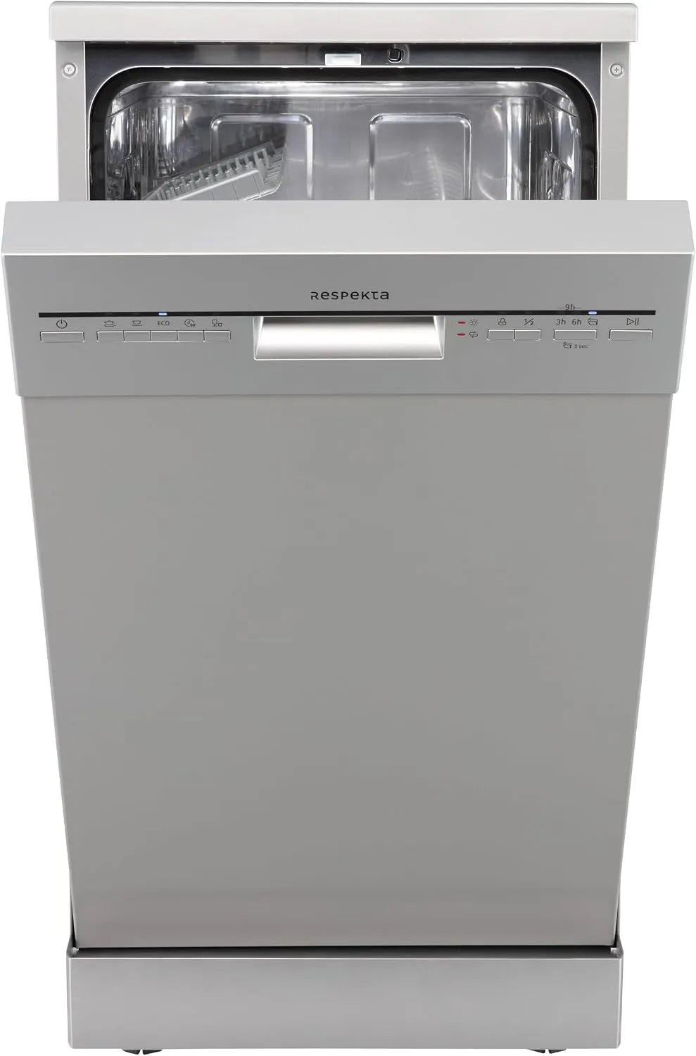 Respekta Lave-vaisselle, 45 cm, 5 programmes, 49 dB, classe énergétique D, format slim, pose libre, argenté, départ différé, ouverture automatique