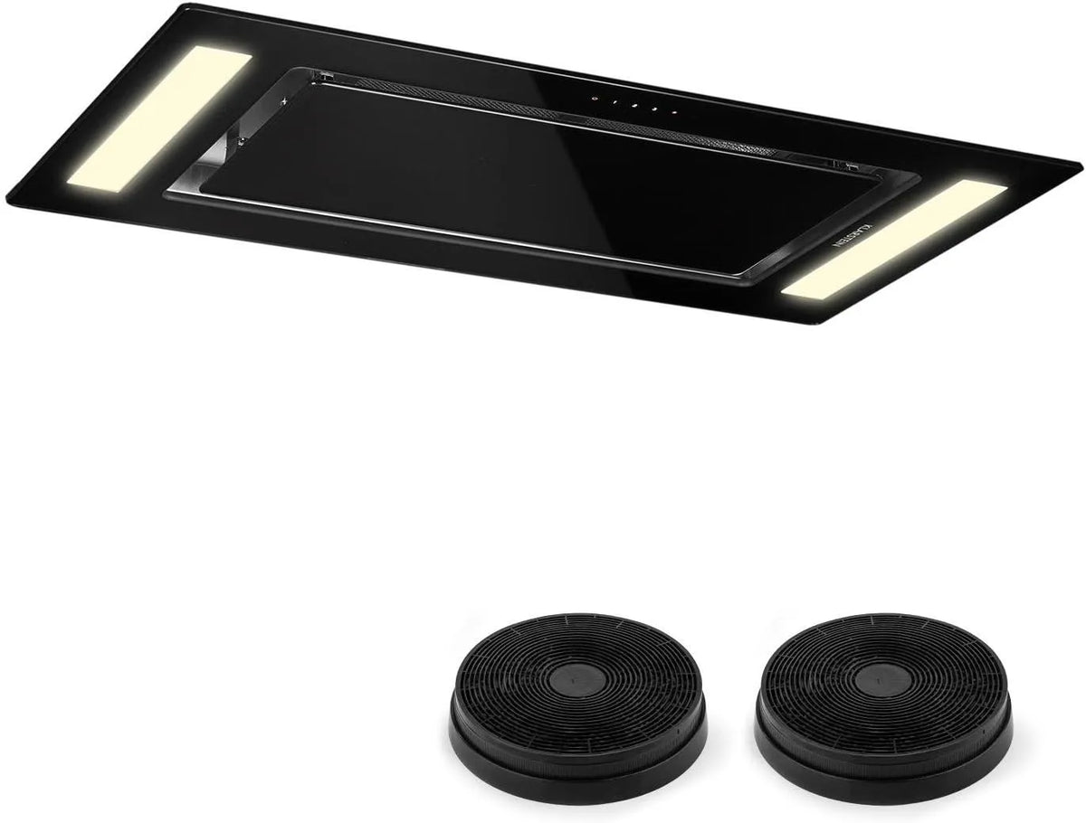 Klarstein Hotte aspirante, 90 cm, 620 m3/h, hotte de cuisine, 3 vitesses, noir, 2 filtres à charbon, LED, 2x5 W, Télécommande, Hotte sans évacuation
