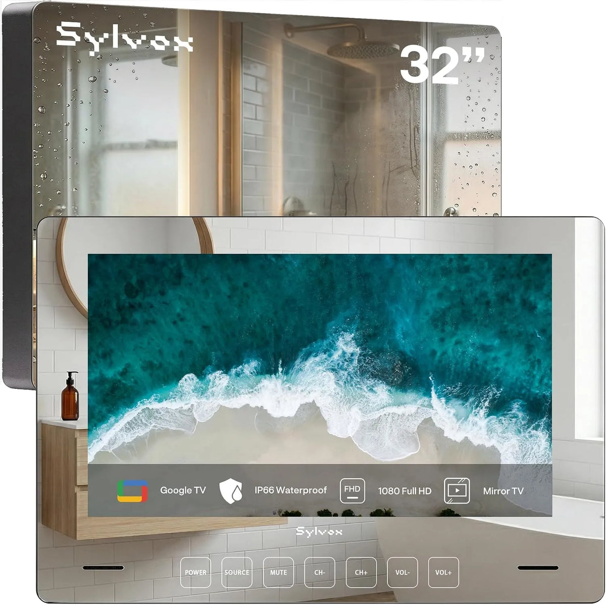 Google 1080P 500nits Smart TV, 32 pouces, téléviseur, IP65, installation murale, SYLVOx 32' Google TV Miroir pour Salle de Bain 1080P Étanche IP66