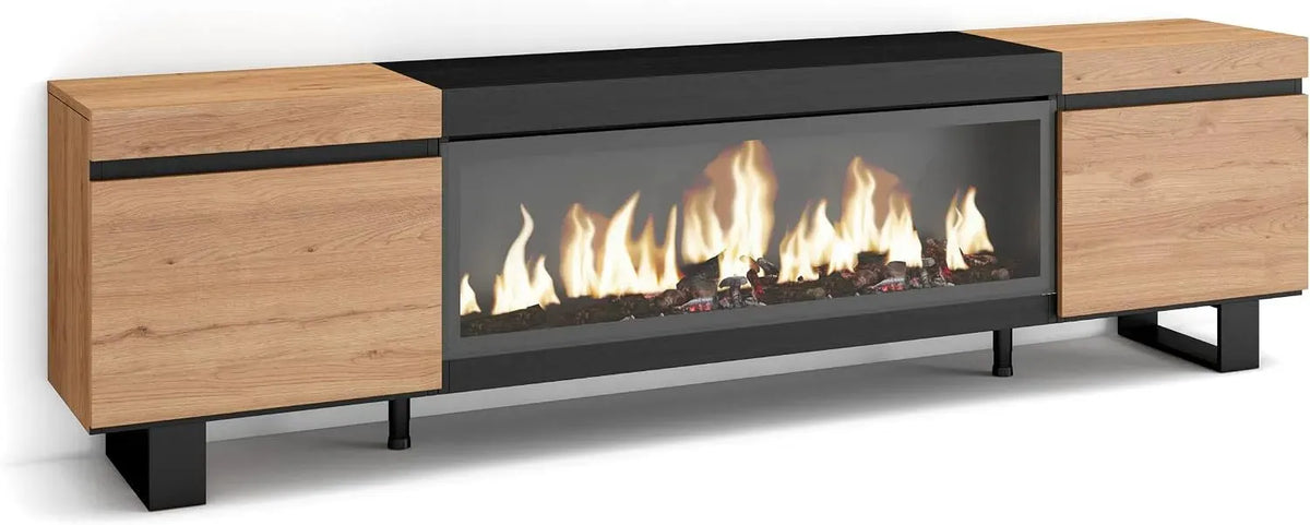 Meuble TV, 80 pouces, industriel, noir, Cheminée électrique XXL, 210