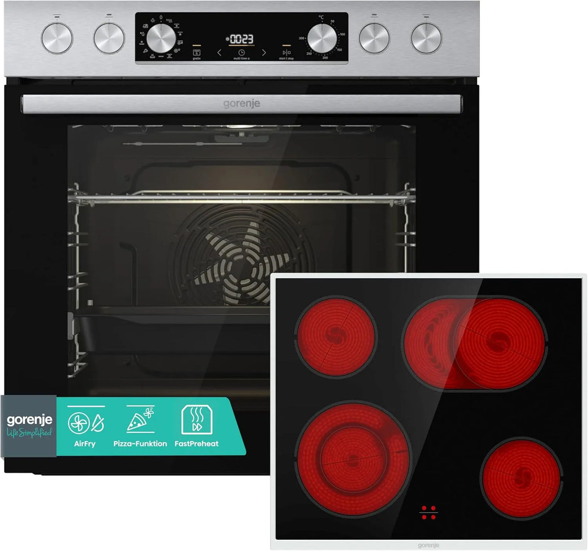 Gorenje Ensemble four et plaque de cuisson, 77 L, gril, pizza, acier inoxydable, PizzaMode, ExtraSteam, PerfectGrill