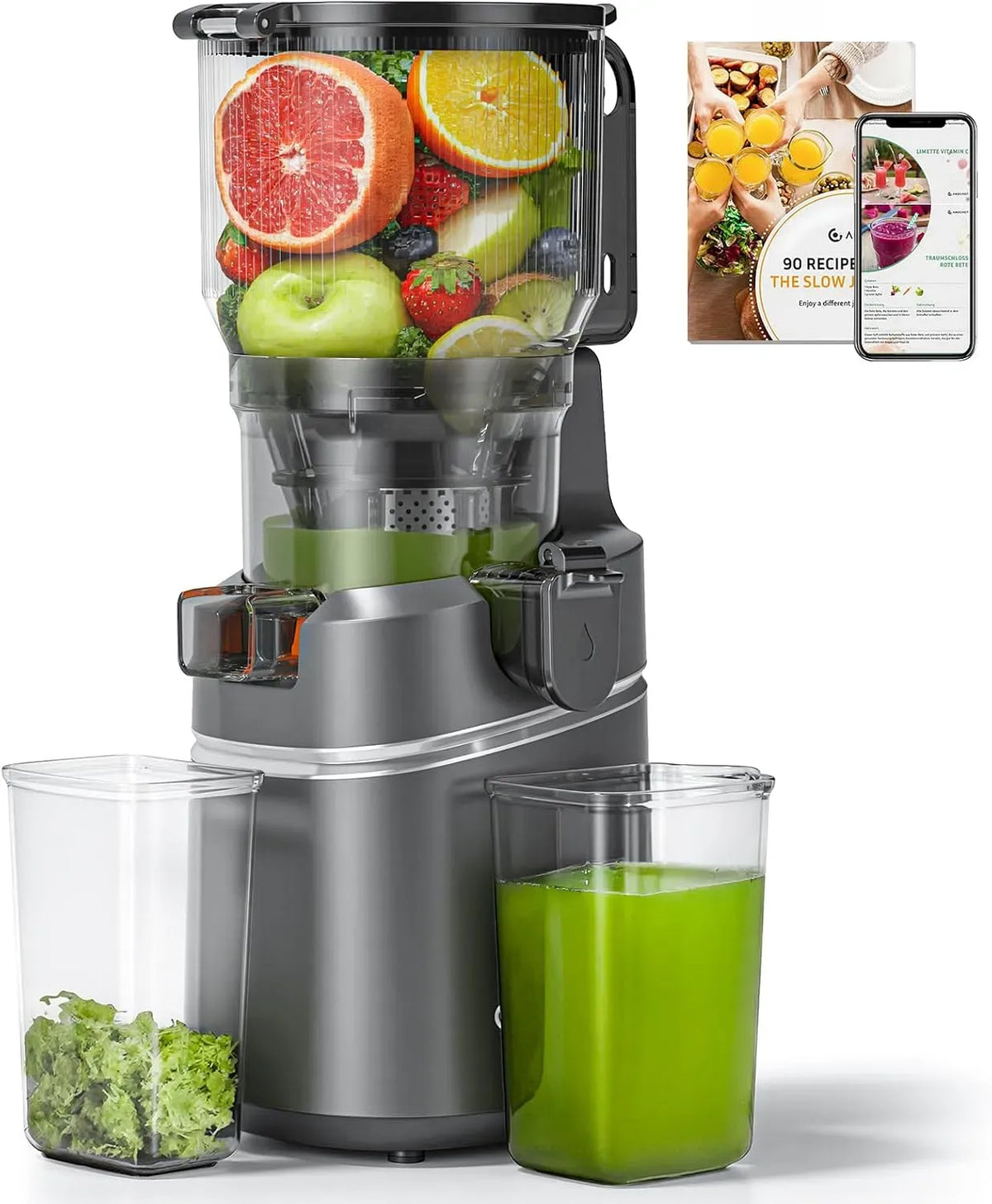 Extracteur de jus, 2 L, 250 W, AMZCHEF, grand réservoir, gris, grande ouverture de 150 mm, moteur 250 W en cuivre pur