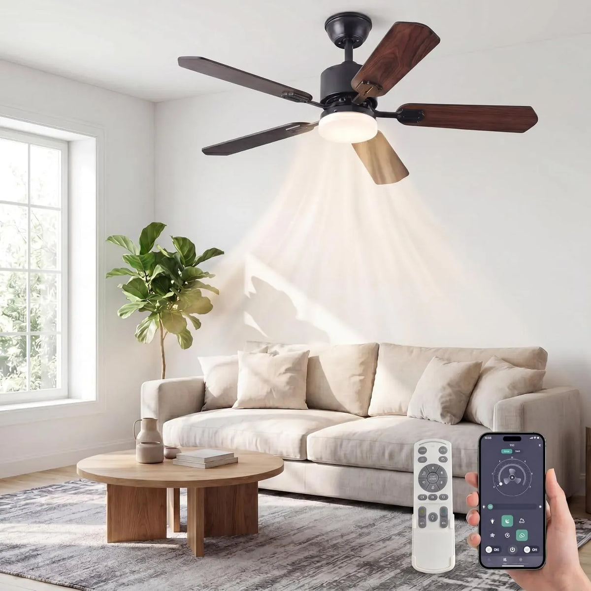 Ventilateur, 108CM, minuteur, application, noir, contrôle par application/télécommande, 3 températures de couleur et 6 vitesses