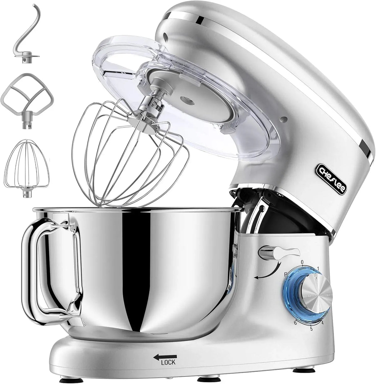 Robot de cuisine, 6.2 L, 2000 W, CHeflee, acier inoxydable, Fouet & Crochet 6 Vitesses