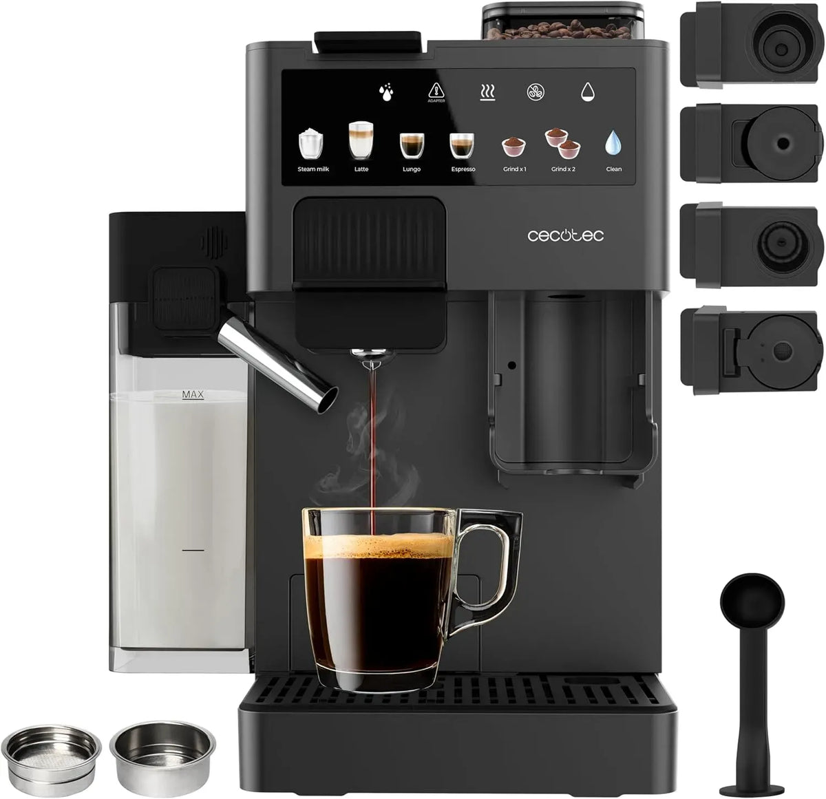 Cecotec Cafetière électrique, 1,6 L, 1400 W, tactile, grand réservoir, 20 Bars, 300ml Lait, Café en Grains 40g, Écran Tactile, Réservoir d'Eau 1,6L
