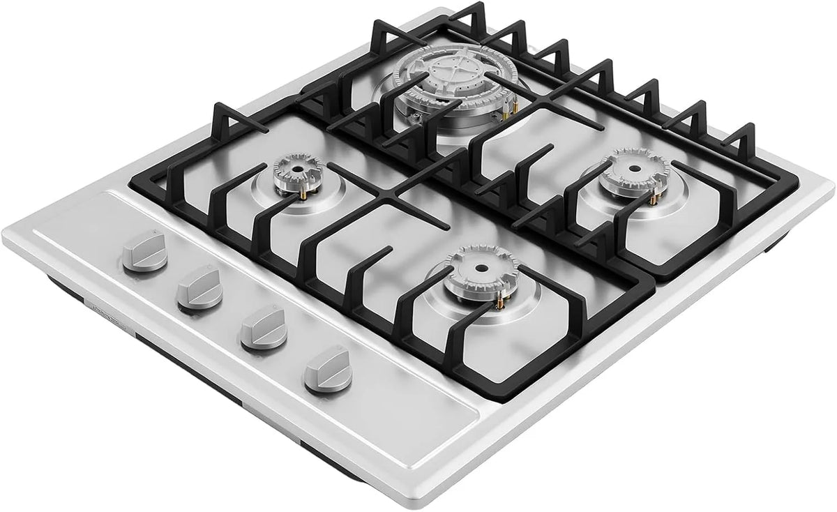 Plaque de cuisson à gaz, 59 x 51 cm, 4 foyers, encastrable, fonte, acier inoxydable, table de cuisson à gaz, 75 kW + 1, 0 kW, 4 feux, avec supports en