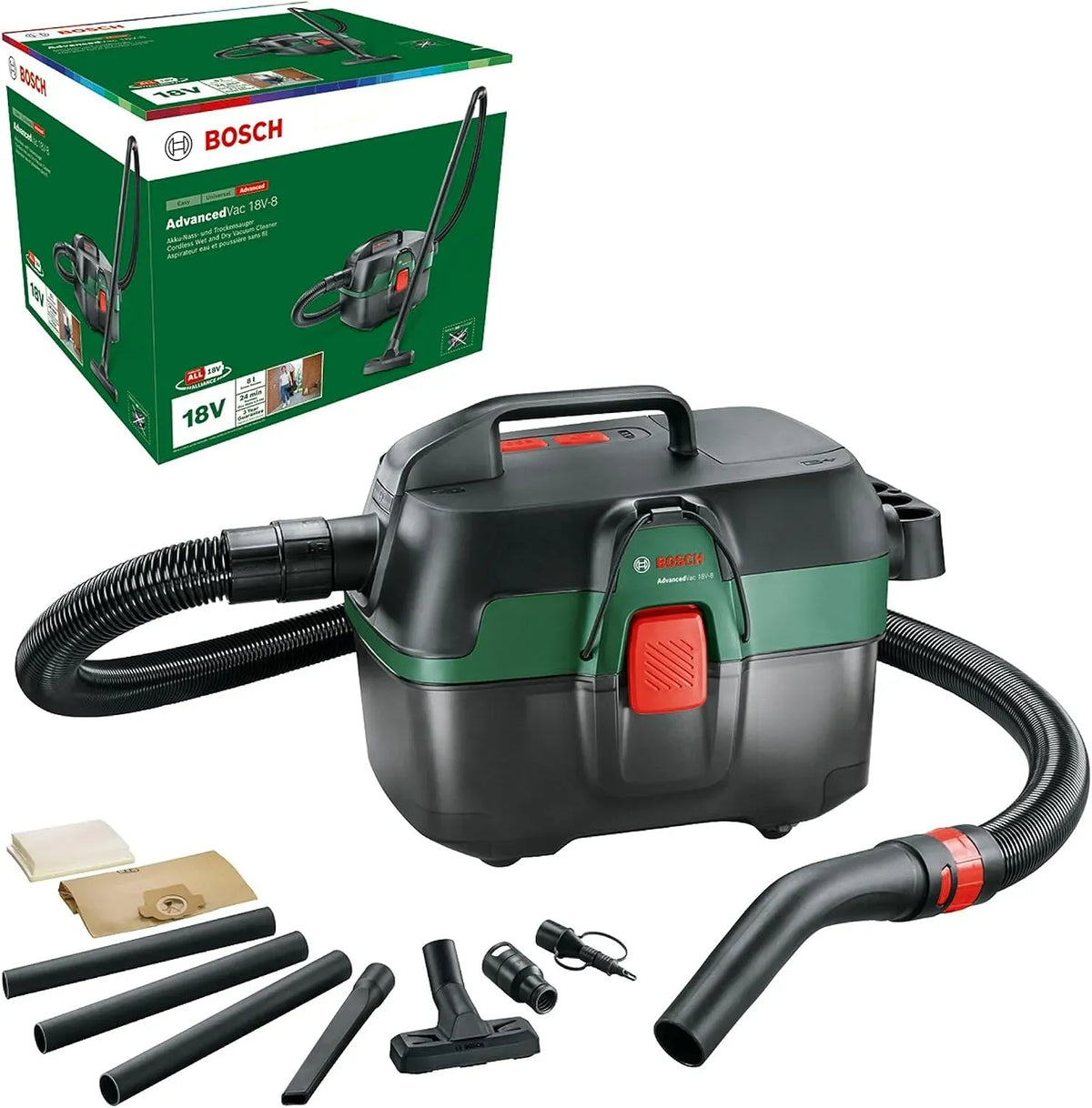 Bosch 18V-8 Aspirateur, 18 V, appareil électrique d'aspiration, Aspirateur d'Eau et poussière sans Fil AdvancedVac sans Batterie