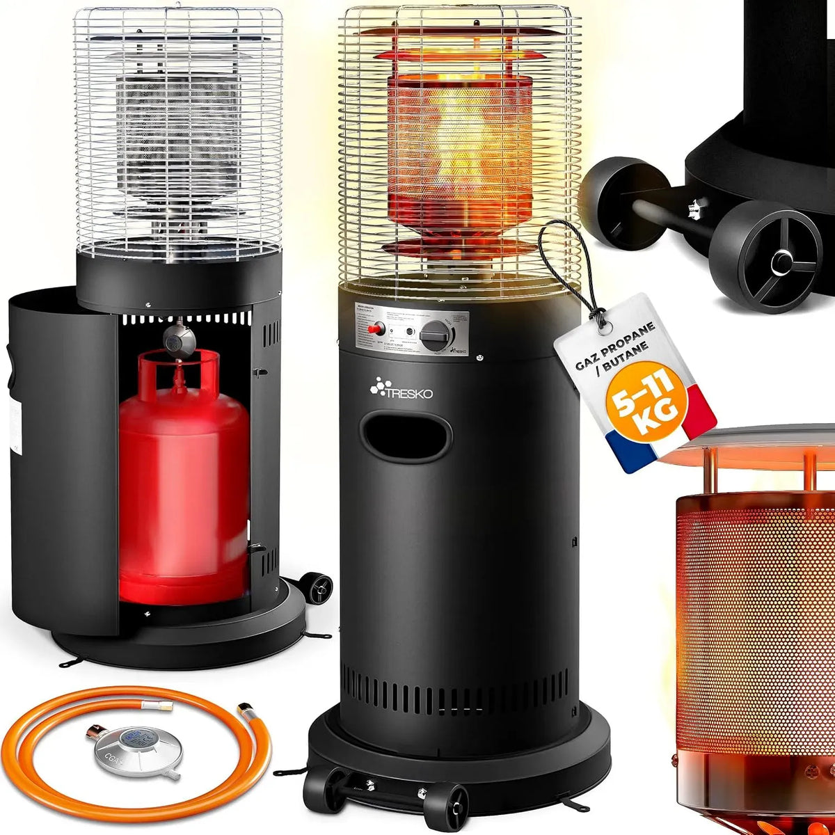 Radiateur électrique, 11 kW, TRESKO, extérieur, roulettes de déplacement, camping, noir