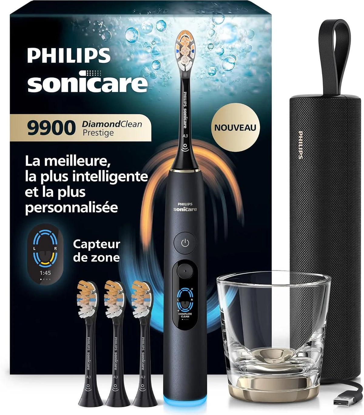 Philips HX9815/92 capteur, brosse, brosse à dents rechargeable, dalle IPS, noir