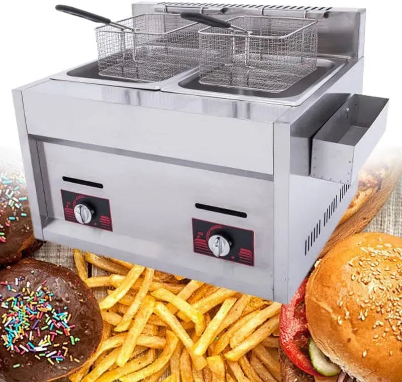 design double cylindre, 20 l équipé de panier et couvercle pour la cuisine maison, Friteuse à gaz en acier inoxydable, parfaite pour le poulet frit et