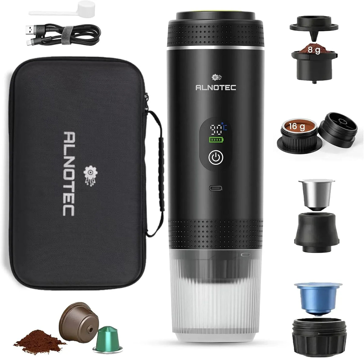 EN 1 Machine à Caf, Portable, machine à café électrique, 20 Bar, 8 g, 16 g, USB, fonction chauffante