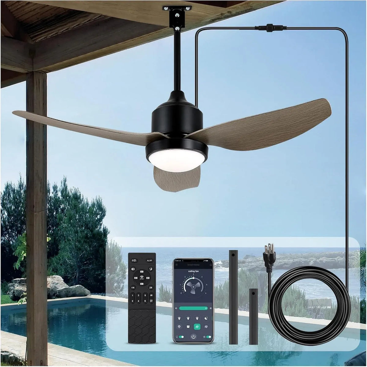 Ventilateur 3CCT, 106,7 cm, extérieur, IP65, application, éclairage LED, Contrôle par application/télécommande, Éclairage LED à intensité variable