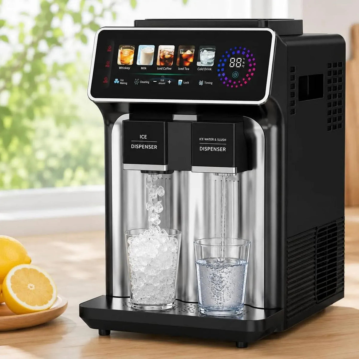 Machine à glaçons 3-en-1 15Kg/24H, 5 programmes, écran LCD, professionnel, noir, Bars Et Bureaux Black, Eau Fraîche à 5°c Et Smoothies
