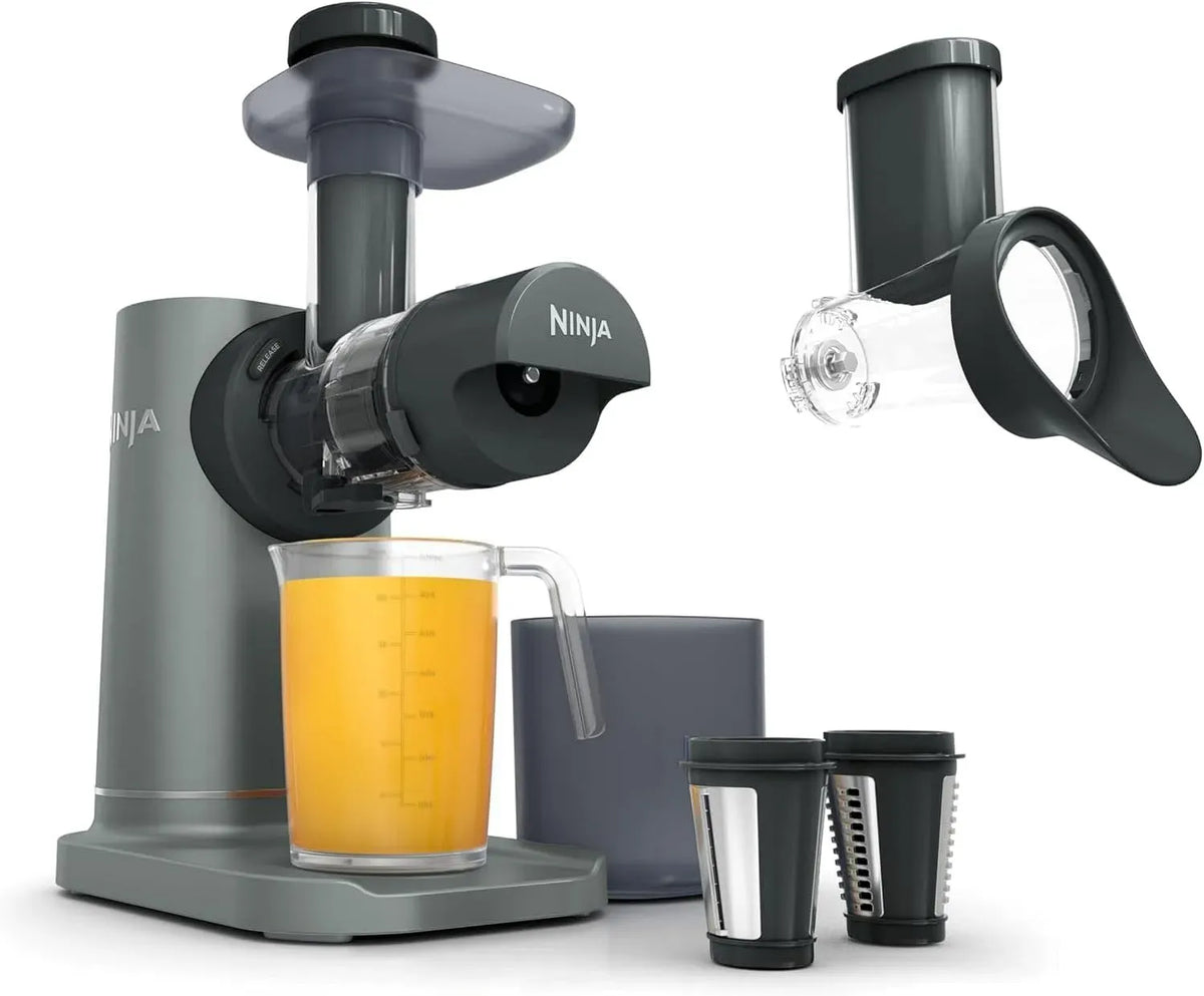 Ninja JC152UK Presse, 700 ml, 1,1 L, Presse à froid 3 en 1 équipé de tranches et hachoir Pichet de 700 ml et récipient à pulpe de 1,1 l Compact