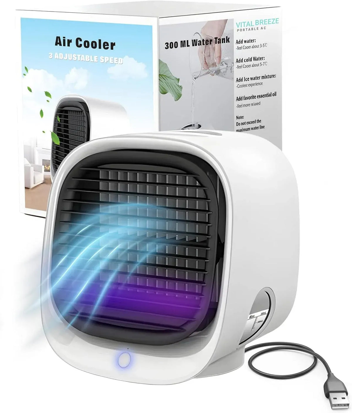 Climatiseur, 40 dB, portable, 3 vitesses, grand réservoir, silencieux, réservoir d'eau de 300 ML, Fonctionnement Silencieux