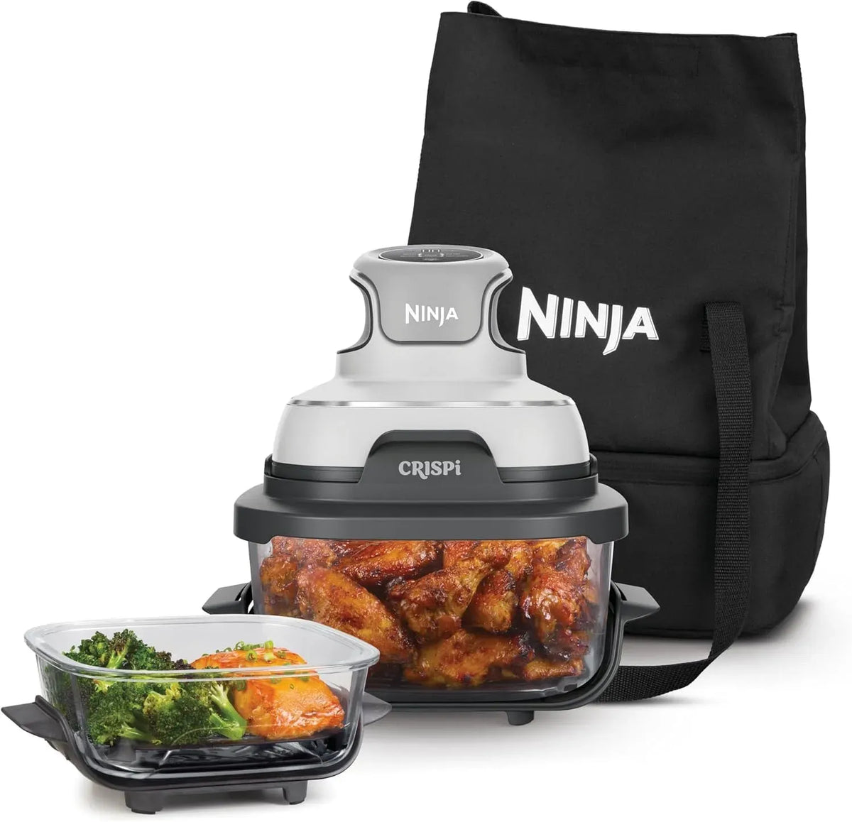 Ninja FN102EU Friteuse à air chaud, 1,4 L, 700 W, amovible, blanc, 2 contenants/couvercles amovibles en verre, bols 3,8 ou 1,4L