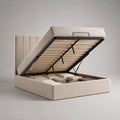 Lit coffre double avec sommier relevable tête de lit rembourrée en tissu beige acier et bois 160 x 200 cm