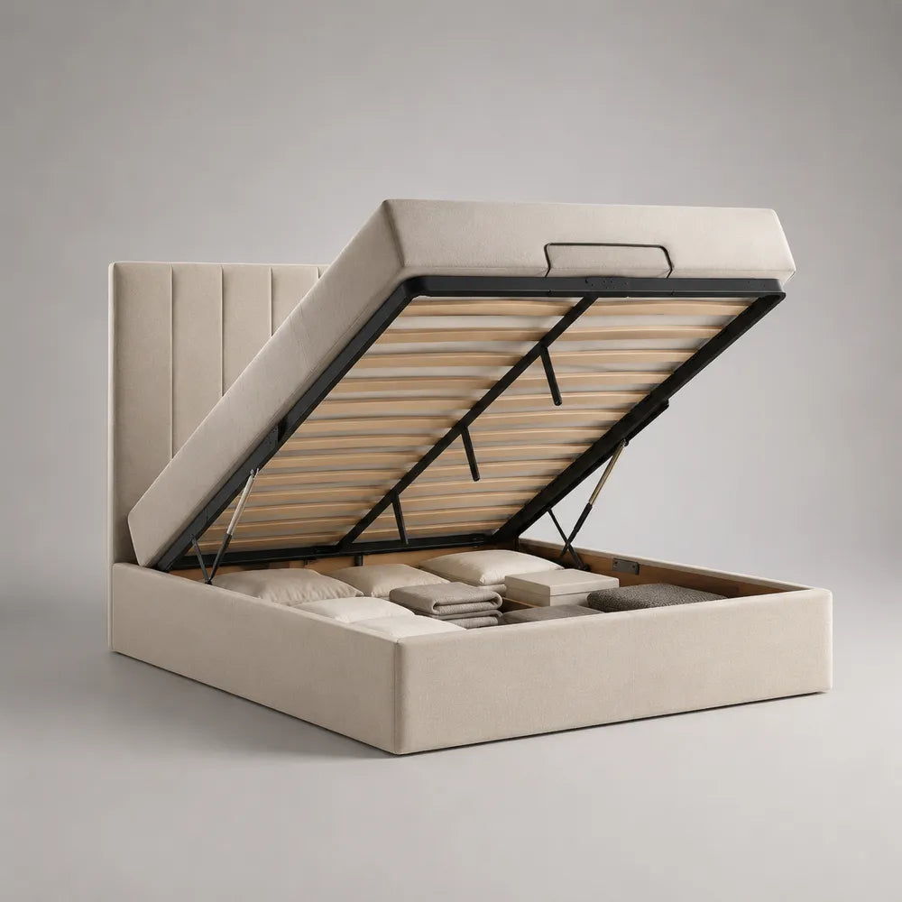 Lit coffre double avec sommier relevable tête de lit rembourrée en tissu beige acier et bois 160 x 200 cm
