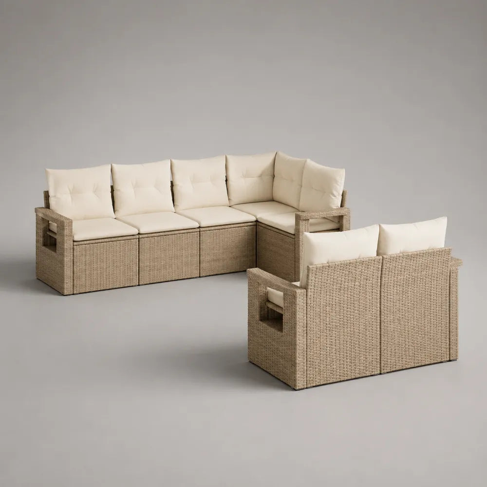 Canapé de jardin d'angle en résine tressée beige avec coussins en polyester écru 250 x 180 x 70 cm