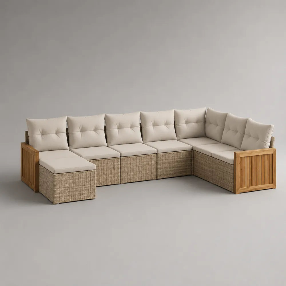 Canapé de jardin d'angle 280 cm en résine tressée beige avec coussins polyester blanc et structure bois 280 x 280 x 70 cm