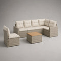 Salon de jardin modulable en résine tressée beige avec coussins écrus table basse et fauteuil 6 places