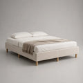 Lit double rembourré en tissu polyester beige avec pieds en bois 160 x 200 cm