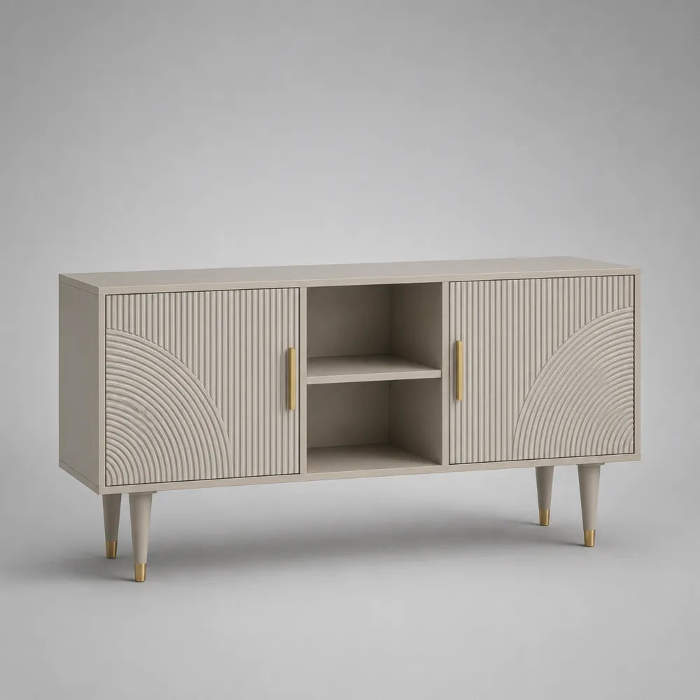 Meuble TV en MDF beige avec portes rainurées et niche ouverte pieds finition dorée 200 x 40 x 60 cm