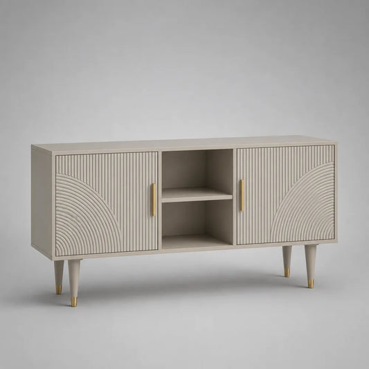 Meuble TV en MDF beige avec portes rainurées et niche ouverte pieds finition dorée 200 x 40 x 60 cm