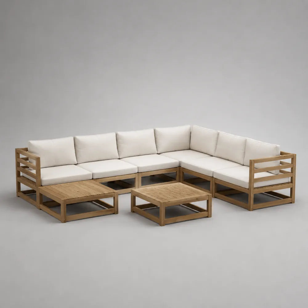 Canapé de jardin d'angle en bois d'acacia avec coussins polyester blanc et tables basses assorties 300 x 300 x 70 cm