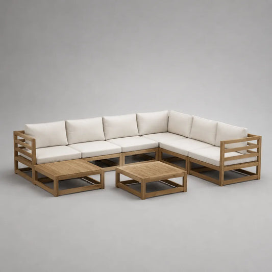 Canapé de jardin d'angle en bois d'acacia avec coussins polyester blanc et tables basses assorties 300 x 300 x 70 cm