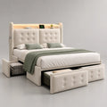 Lit double avec rangements intégrés 160 x 200 cm tête de lit rembourrée en tissu polyester beige éclairage LED