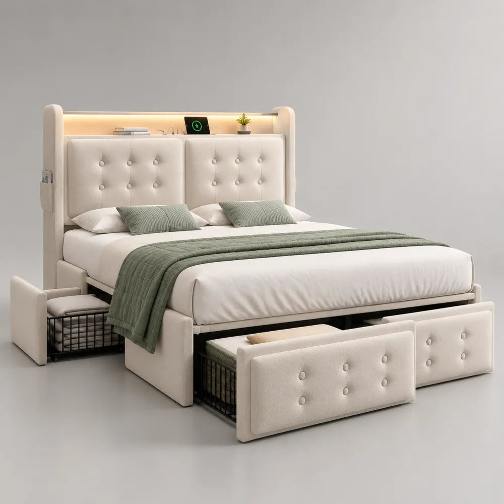 Lit double avec rangements intégrés 160 x 200 cm tête de lit rembourrée en tissu polyester beige éclairage LED