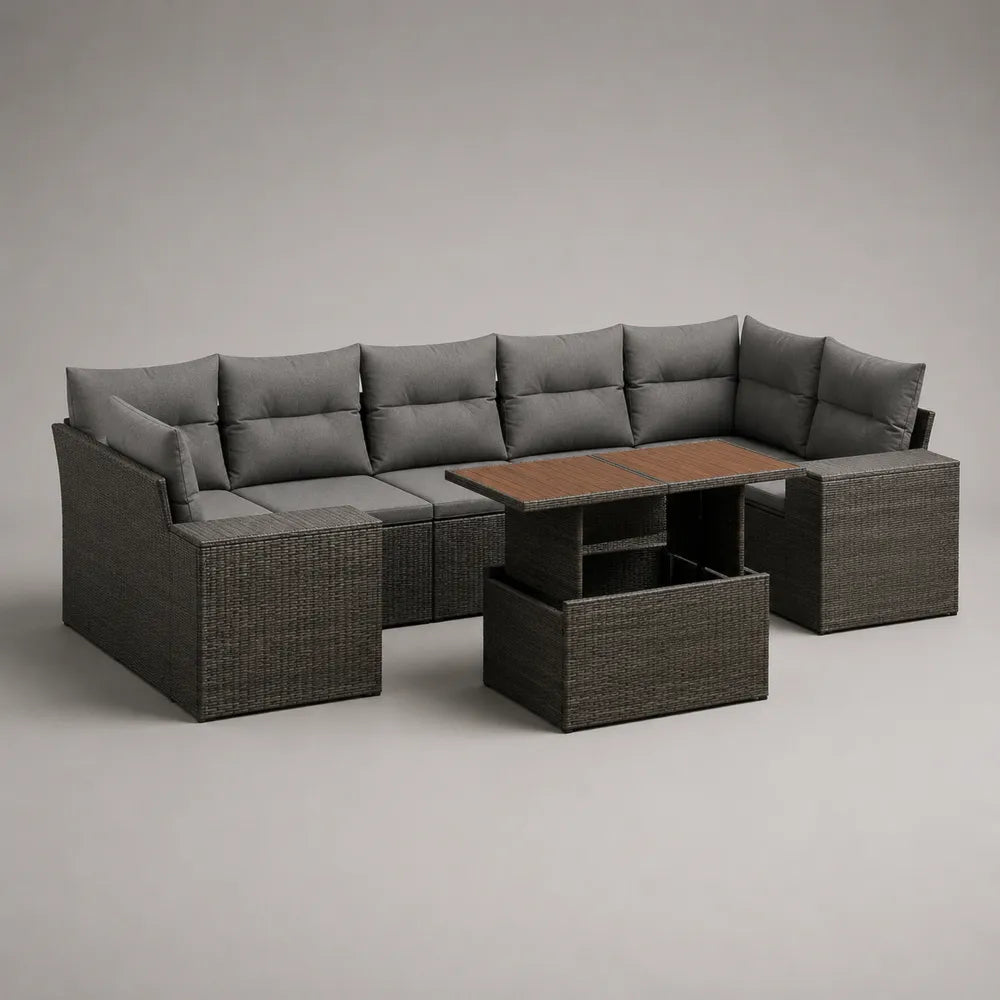 Canapé de jardin d'angle modulable en résine tressée grise avec coussins gris et table basse 300 x 300 x 70 cm