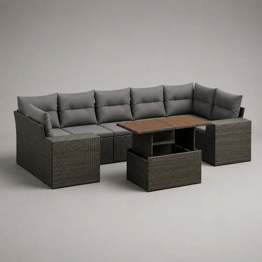 Canapé de jardin d'angle modulable en résine tressée grise avec coussins gris et table basse 300 x 300 x 70 cm