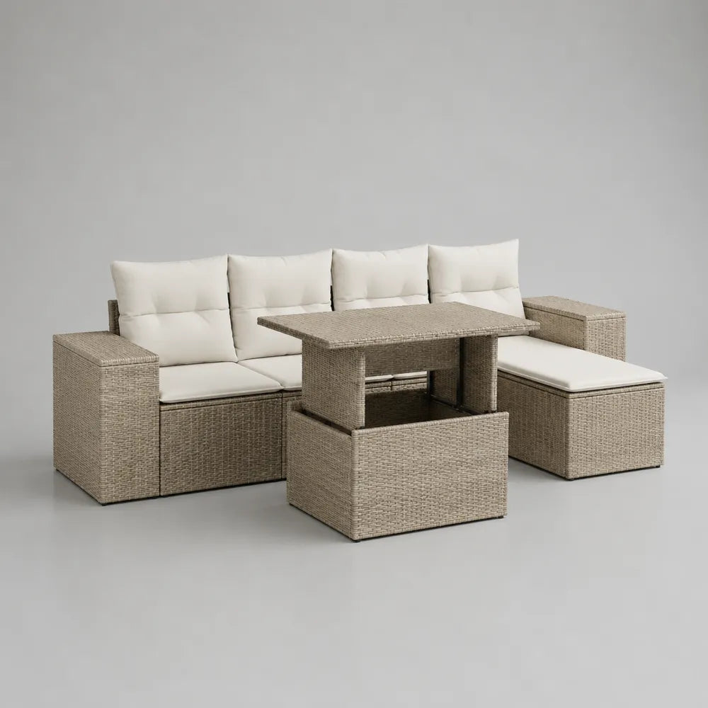 Salon de jardin modulable en résine tressée beige avec coussins polyester blanc et table basse relevable