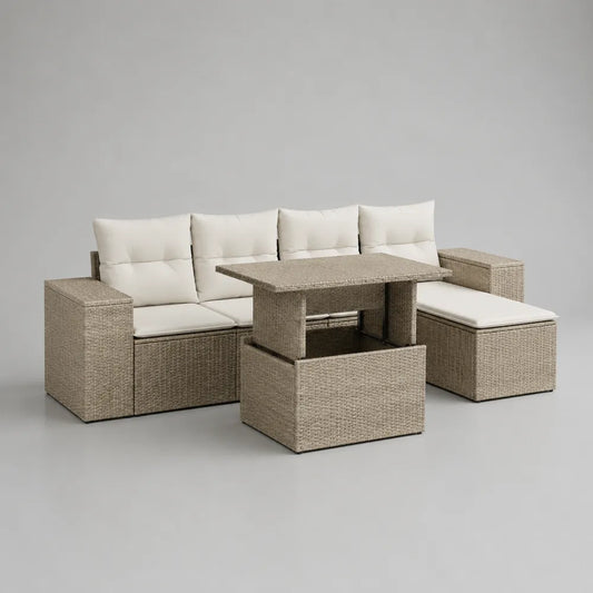 Salon de jardin modulable en résine tressée beige avec coussins polyester blanc et table basse relevable