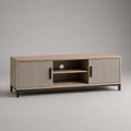 Meuble TV en MDF effet bois beige avec portes rainurées et niche ouverte pieds en acier noir 220 x 40 x 55 cm