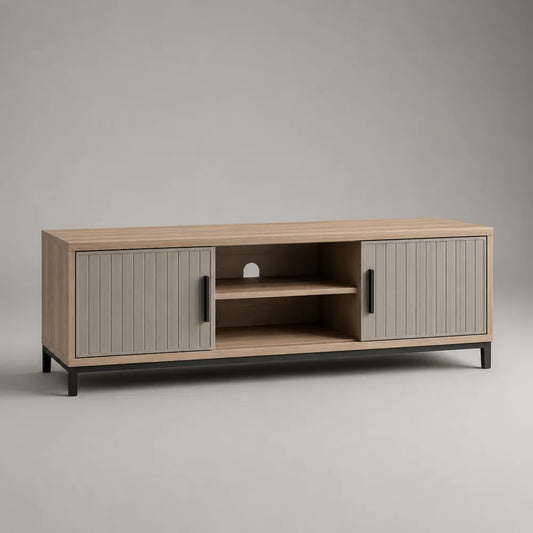 Meuble TV en MDF effet bois beige avec portes rainurées et niche ouverte pieds en acier noir 220 x 40 x 55 cm