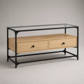 Meuble TV en MDF effet chêne avec tiroirs et structure en acier noir avec plateau en verre 160 x 40 x 55 cm