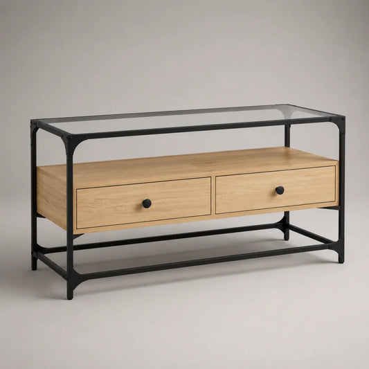 Meuble TV en MDF effet chêne avec tiroirs et structure en acier noir avec plateau en verre 160 x 40 x 55 cm