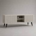 Meuble TV 200 cm avec portes rainurées et niche ouverte en MDF blanc et pieds en acier noir 200 x 40 x 60 cm