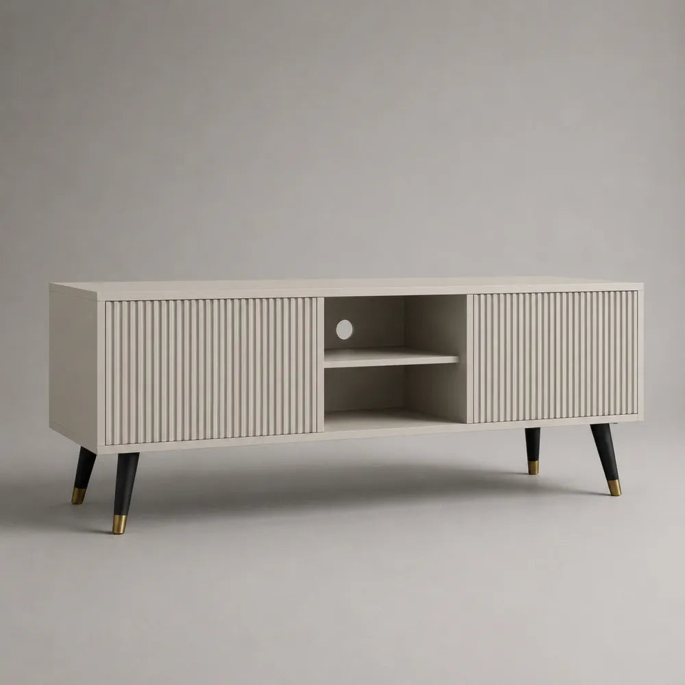 Meuble TV 200 cm avec portes rainurées et niche ouverte en MDF blanc et pieds en acier noir 200 x 40 x 60 cm