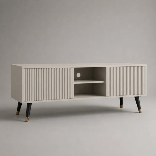 Meuble TV 200 cm avec portes rainurées et niche ouverte en MDF blanc et pieds en acier noir 200 x 40 x 60 cm