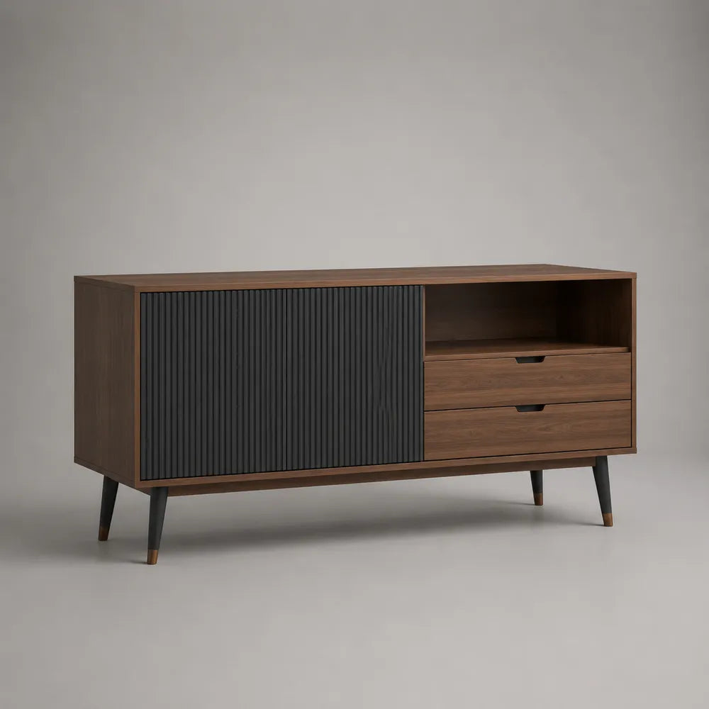 Meuble TV bas 180 cm en MDF effet noyer avec façade cannelée noire tiroirs et pieds acier 180 x 40 x 60 cm