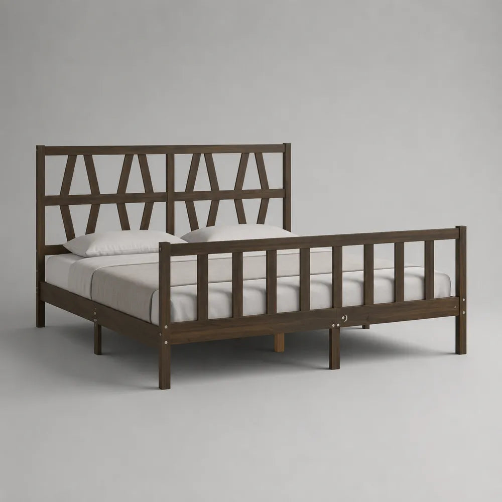 Lit double en bois de pin massif marron avec tête de lit ajourée géométrique 160 x 200 cm