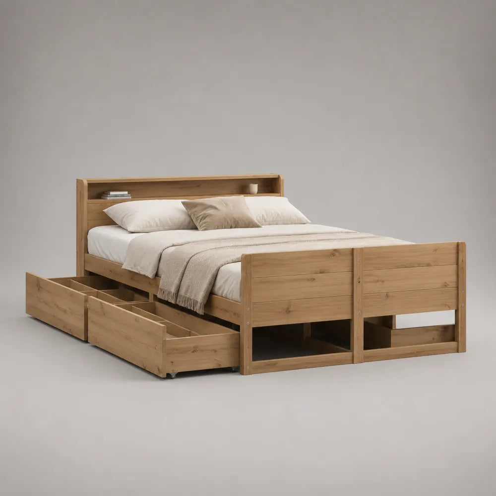 Lit double avec rangement 160 x 200 cm en MDF effet chêne clair avec tiroirs et étagère tête de lit