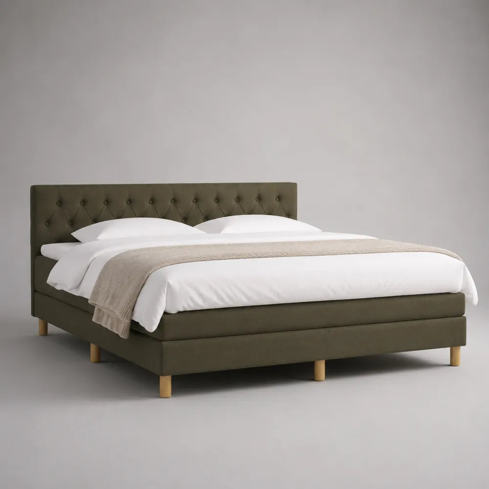 Lit double rembourré en tissu vert olive avec tête de lit capitonnée 160 x 200 cm