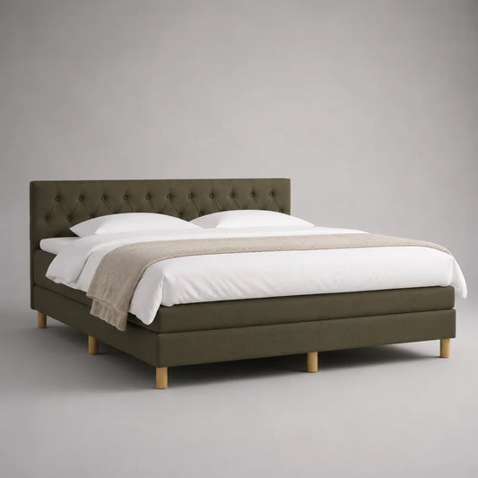 Lit double rembourré en tissu vert olive avec tête de lit capitonnée 160 x 200 cm